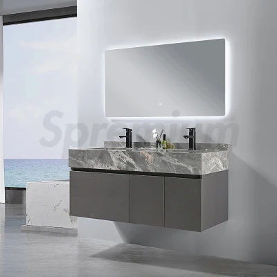 Серый цвет, современный новый дизайн, настенное зеркало, туалетный столик в ванной комнате, шкаф из МДФ с каменной плитой и мраморной столешницей по индивидуальному заказу