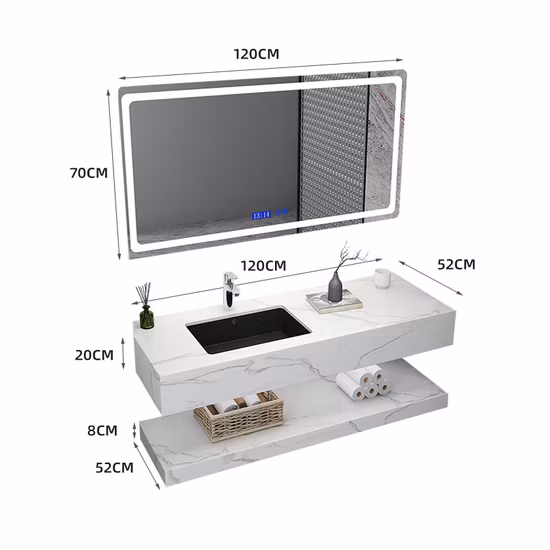 Современный большой размер деревянный шкаф для ванной комнаты из спеченного камня, туалетный столик, светодиодное зеркало, роскошная мебель для ванной, комбинированная